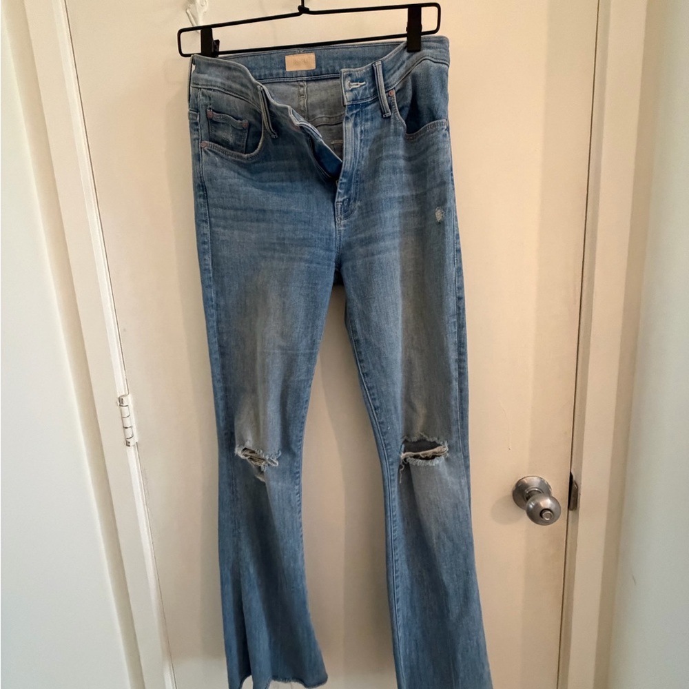MOTHER Light Blue Distressed Flare Jeans